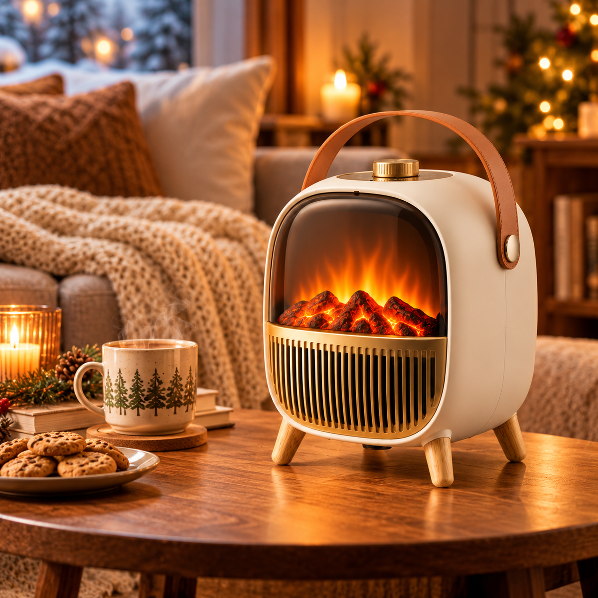 Portable Electric Fireplace Space Heater with Flame Effect and Carry Handle