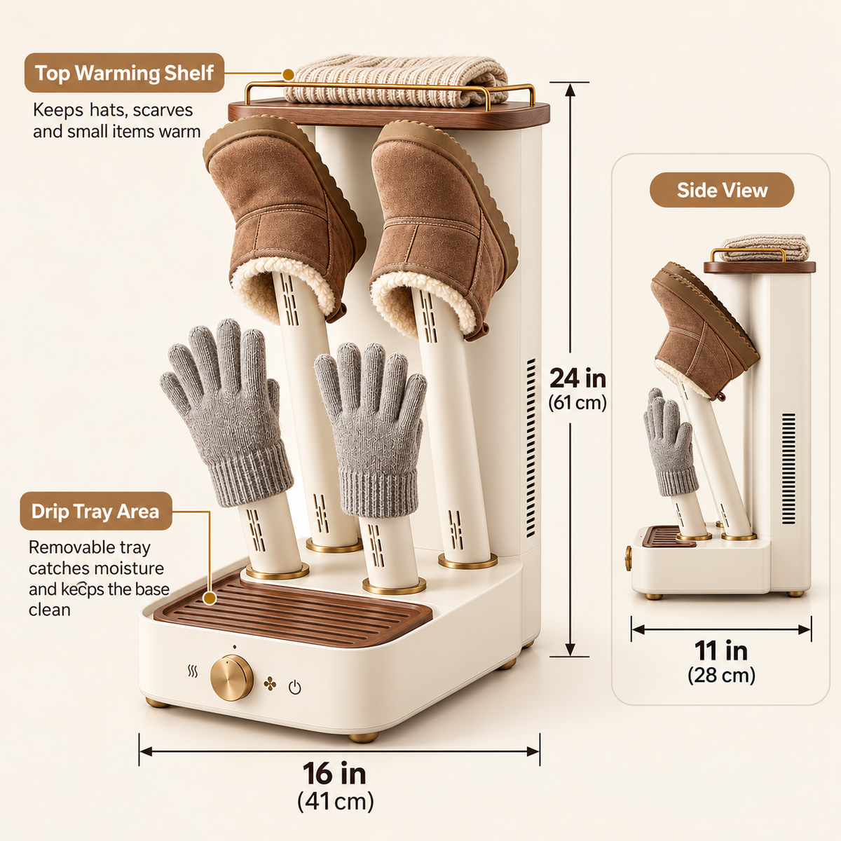 Electric Boot and Glove Dryer with 4 Drying Posts, Warming Shelf and Drip Tray