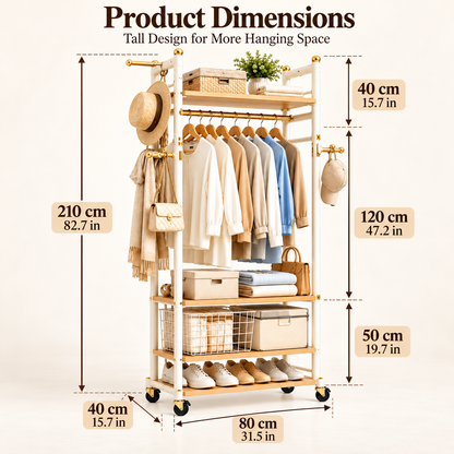 Modern Rolling Garment Rack with Storage Shelves, Side Hooks & Locking Wheels