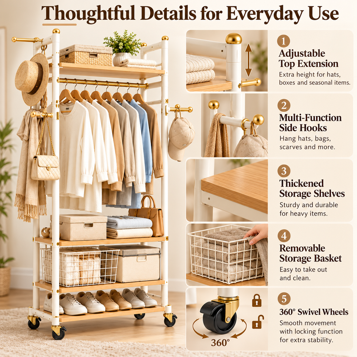 Modern Rolling Garment Rack with Storage Shelves, Side Hooks & Locking Wheels