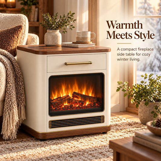 Electric Fireplace Side Table with Warming Drawer and Walnut-Look Top