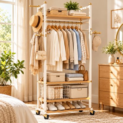 Modern Rolling Garment Rack with Storage Shelves, Side Hooks & Locking Wheels