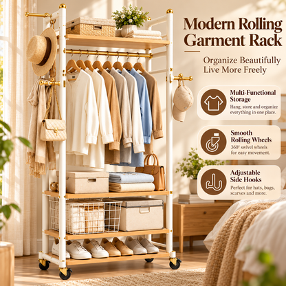 Modern Rolling Garment Rack with Storage Shelves, Side Hooks & Locking Wheels