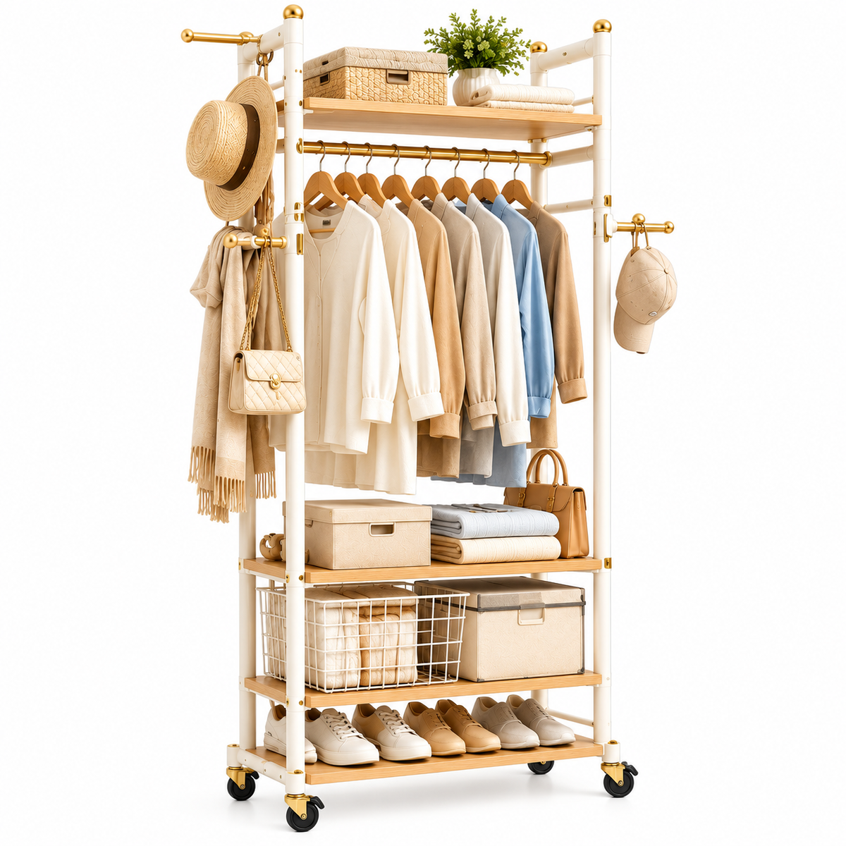 Modern Rolling Garment Rack with Storage Shelves, Side Hooks & Locking Wheels