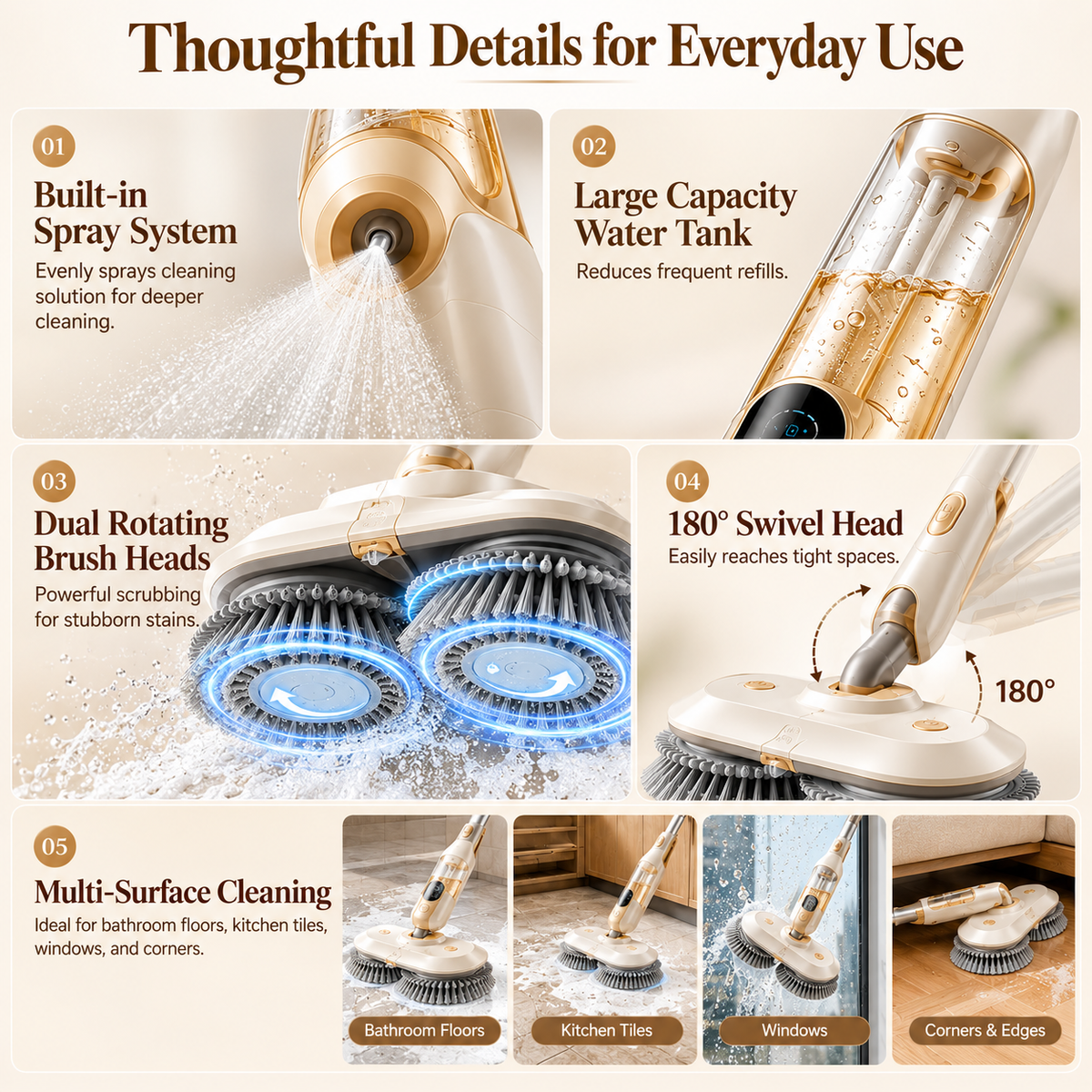 Cordless Electric Spin Mop with Spray System, Dual Rotating Heads & Adjustable Handle