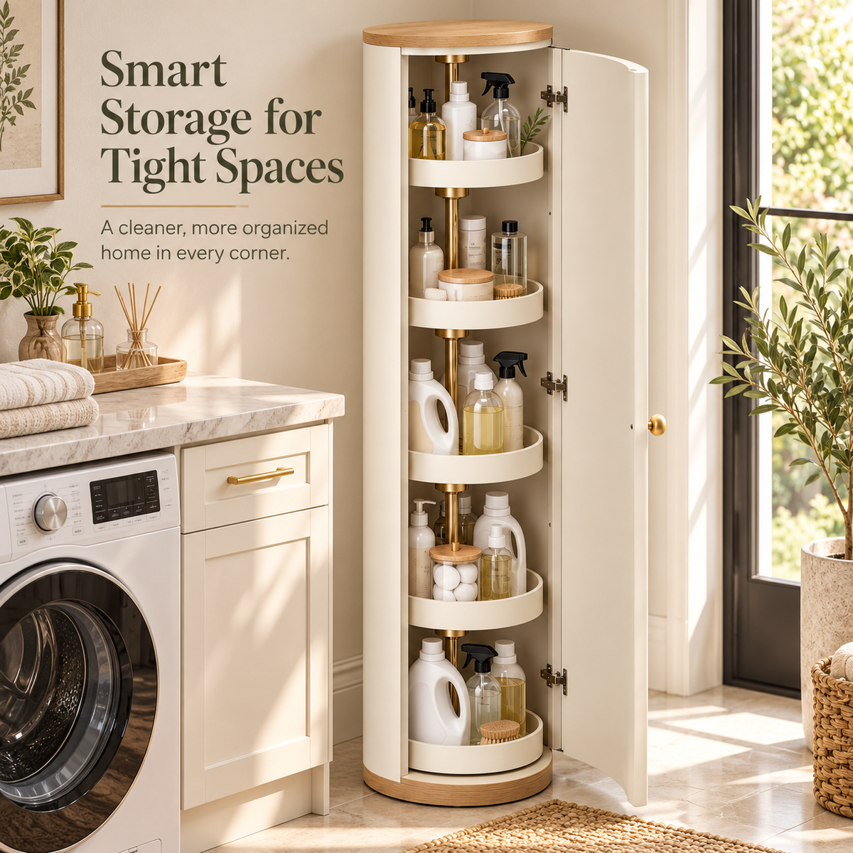 Modern 360° Rotating Slim Storage Cabinet with Enclosed Shelves