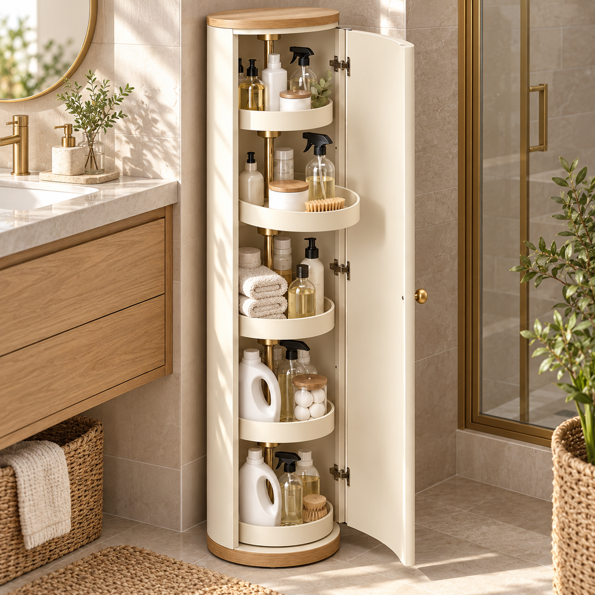 Modern 360° Rotating Slim Storage Cabinet with Enclosed Shelves