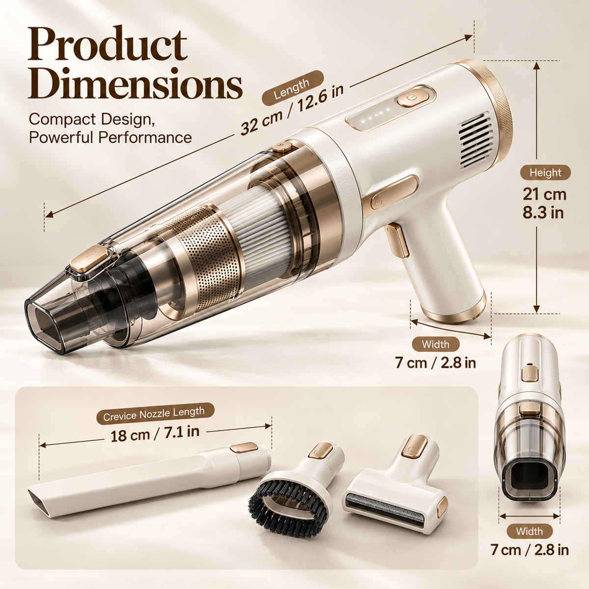 Cordless Handheld Vacuum Cleaner with LED Light, Washable Filter & Multi-Tool Attachments