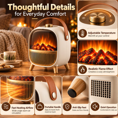 Portable Electric Fireplace Space Heater with Flame Effect and Carry Handle
