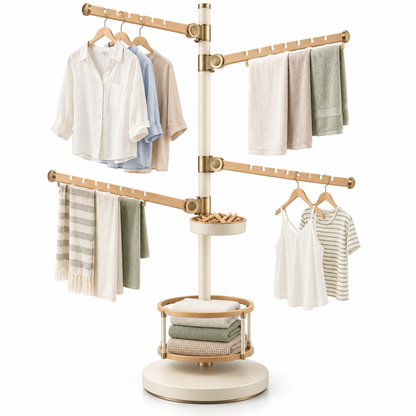 Modern Swing-Arm Laundry Drying Rack with Notched Rails & Storage Shelf