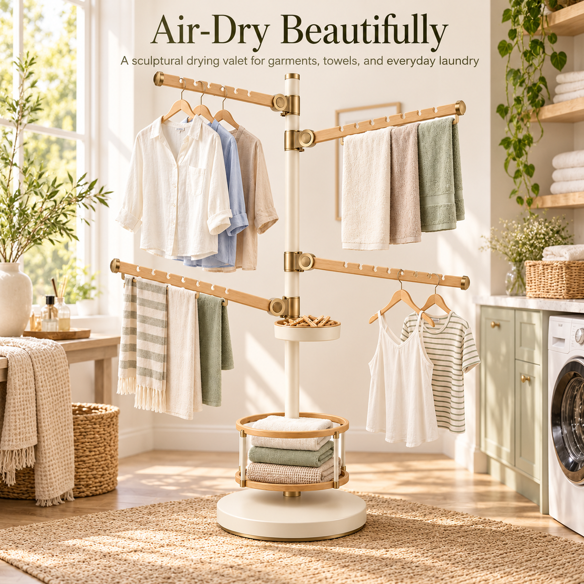Modern Swing-Arm Laundry Drying Rack with Notched Rails & Storage Shelf