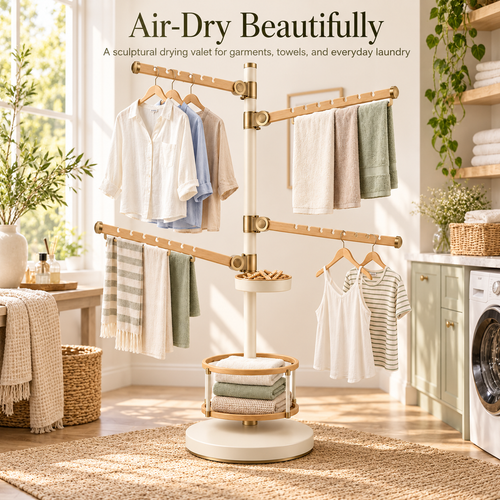 Modern Swing-Arm Laundry Drying Rack with Notched Rails & Storage Shelf
