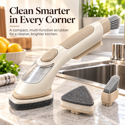 Soap-Dispensing Kitchen Scrubber with Triangular Scrub Pad & Detail Brush
