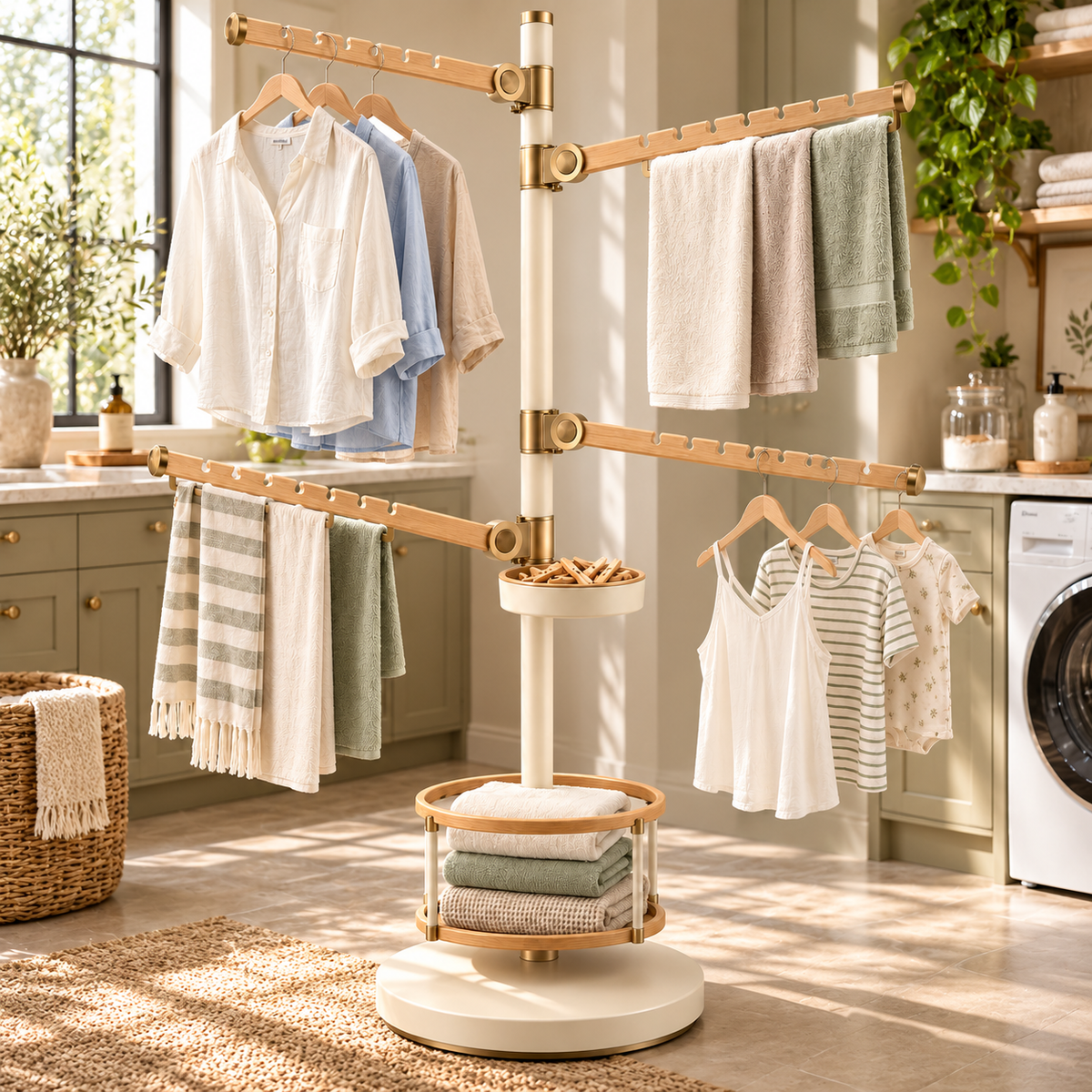 Modern Swing-Arm Laundry Drying Rack with Notched Rails & Storage Shelf
