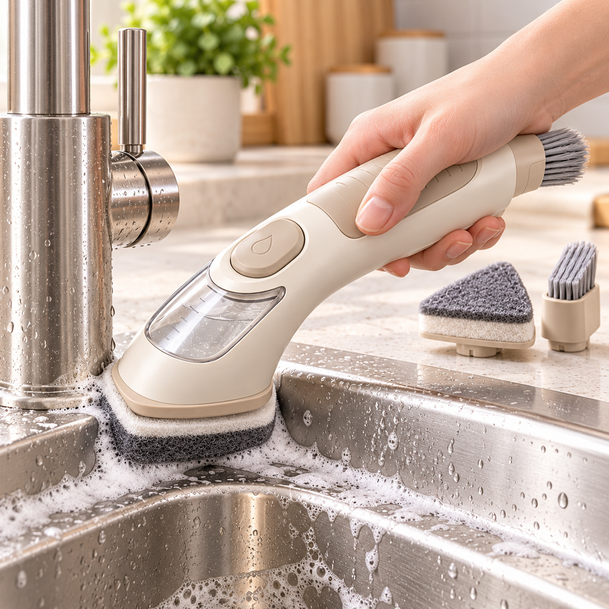 Soap-Dispensing Kitchen Scrubber with Triangular Scrub Pad & Detail Brush