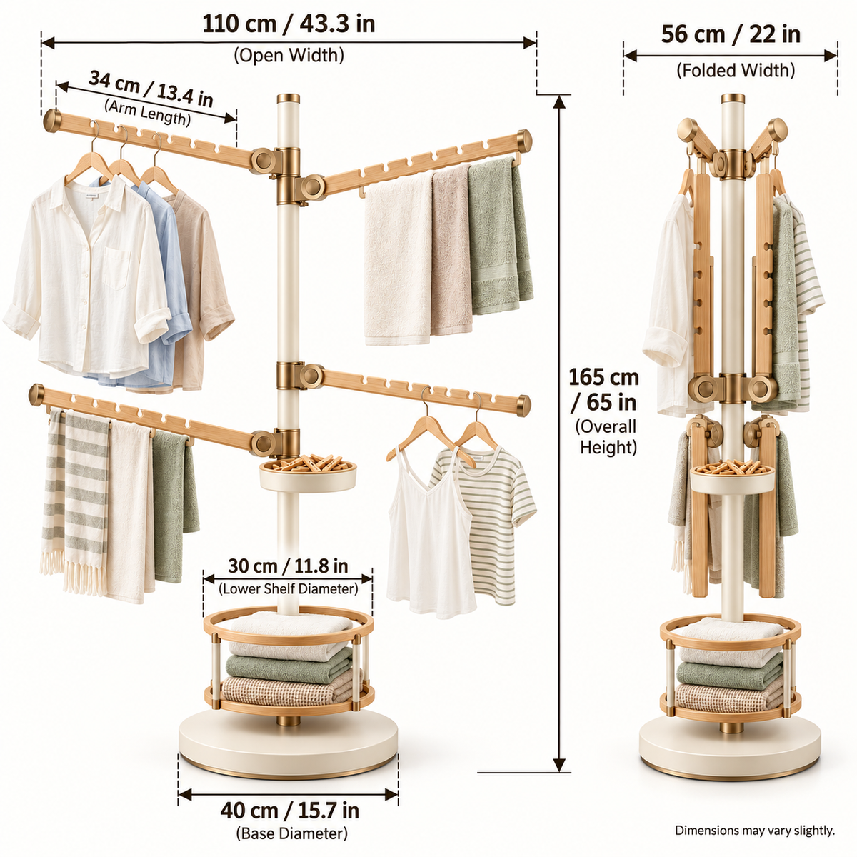 Modern Swing-Arm Laundry Drying Rack with Notched Rails & Storage Shelf