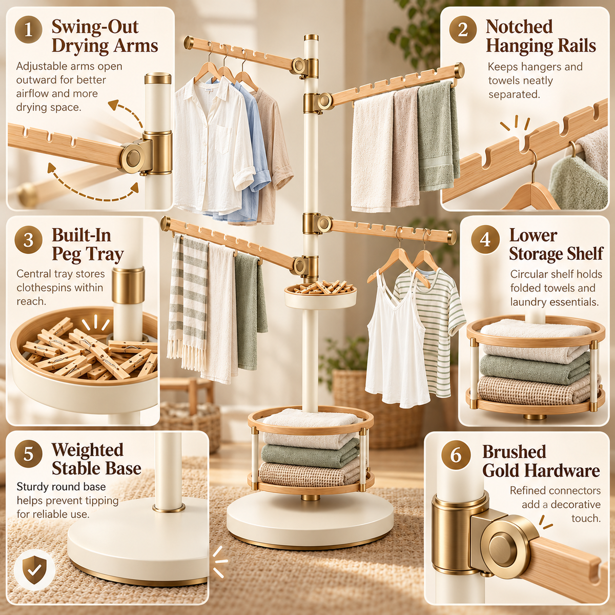 Modern Swing-Arm Laundry Drying Rack with Notched Rails & Storage Shelf