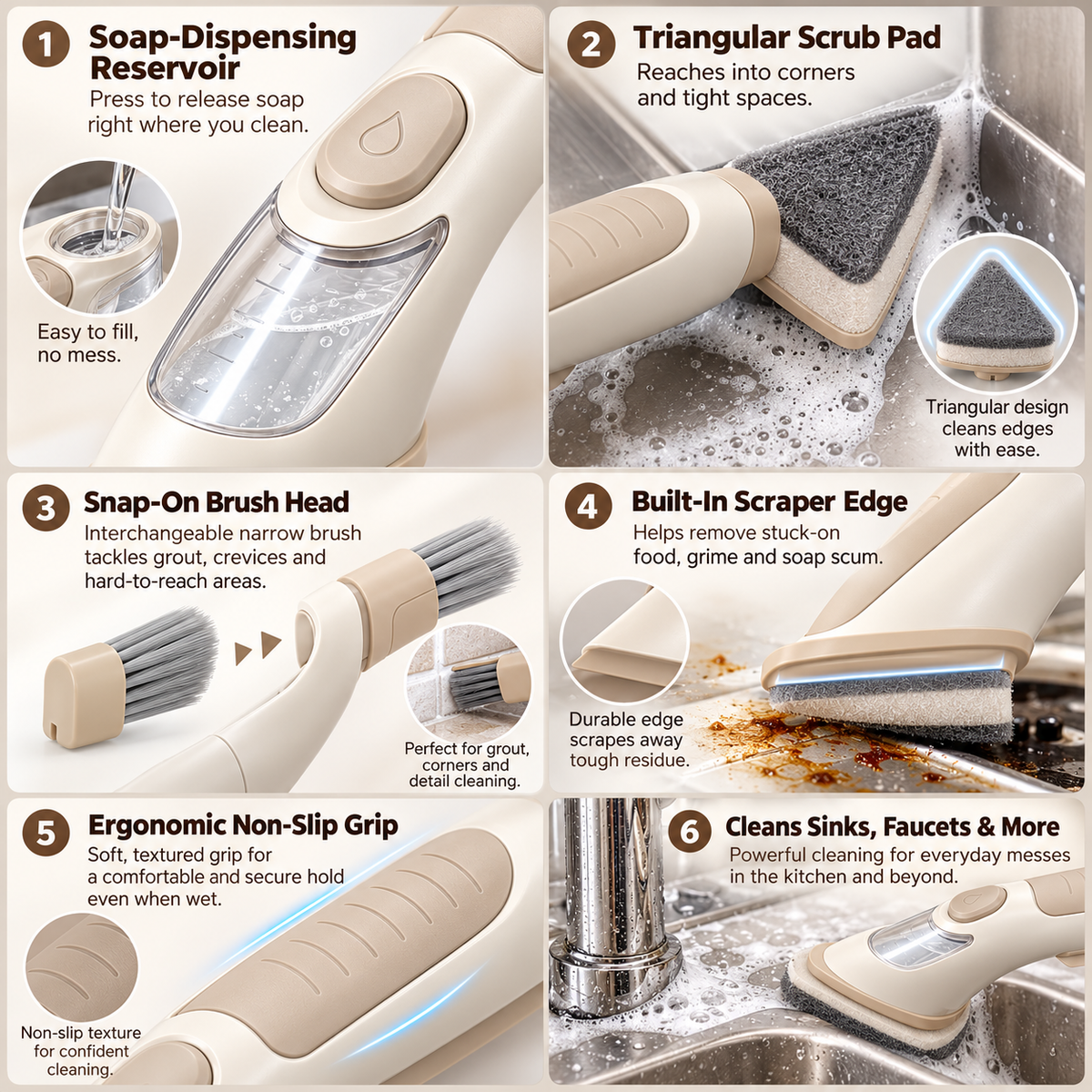 Soap-Dispensing Kitchen Scrubber with Triangular Scrub Pad & Detail Brush