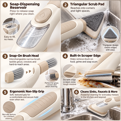 Soap-Dispensing Kitchen Scrubber with Triangular Scrub Pad & Detail Brush