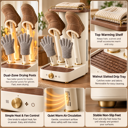 Electric Boot and Glove Dryer with 4 Drying Posts, Warming Shelf and Drip Tray