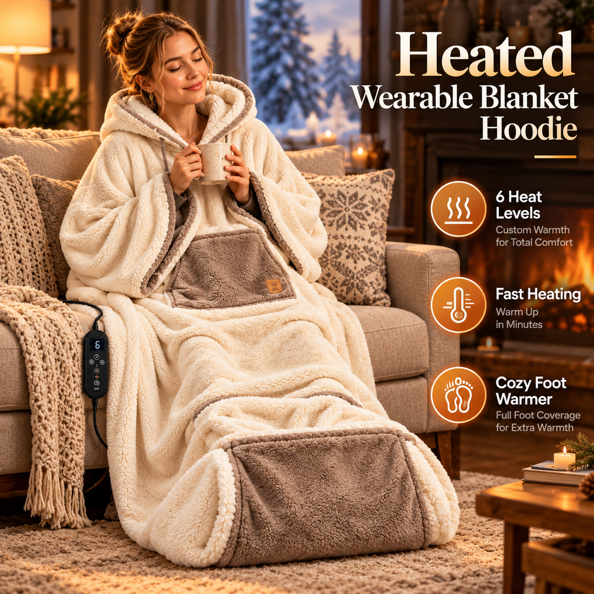 Heated Wearable Blanket Hoodie with Hood, Front Pocket, 6 Heat Levels and Timer