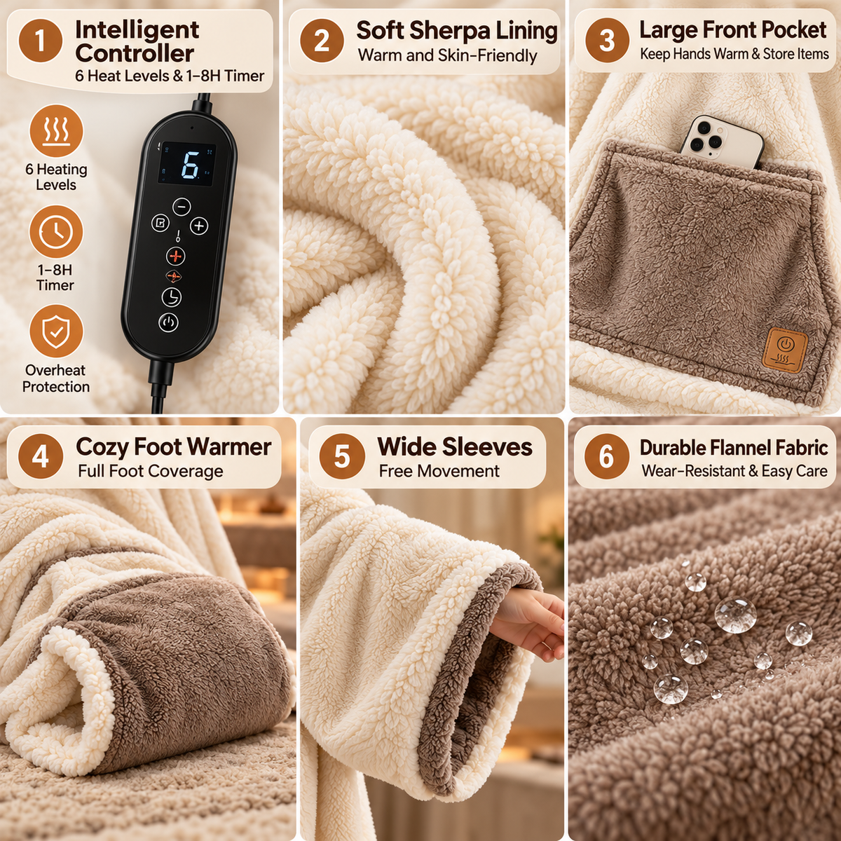 Heated Wearable Blanket Hoodie with Hood, Front Pocket, 6 Heat Levels and Timer
