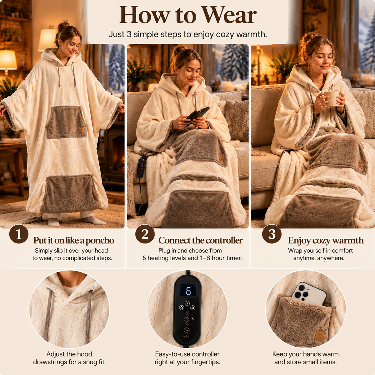 Heated Wearable Blanket Hoodie with Hood, Front Pocket, 6 Heat Levels and Timer