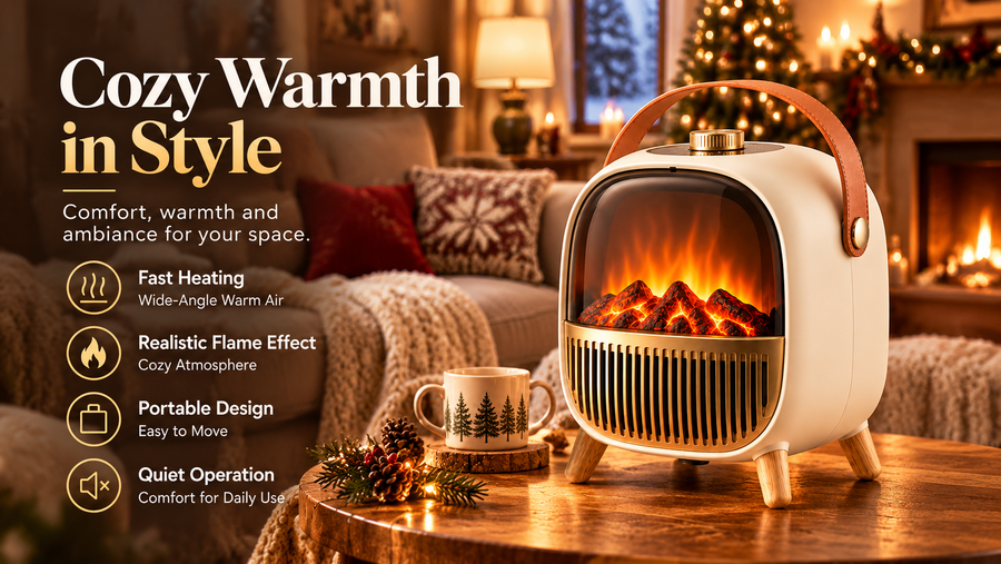 Portable Electric Fireplace Space Heater with Flame Effect and Carry Handle